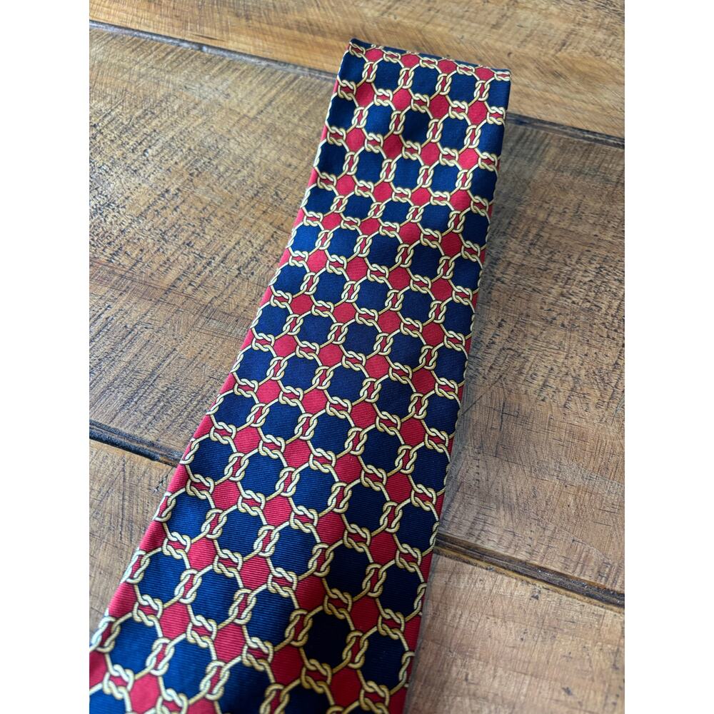 Paolo Gucci‎ Classico 100% Silk Navy Red Geometric Chain-Link Necktie Italy - Picture 3 of 6